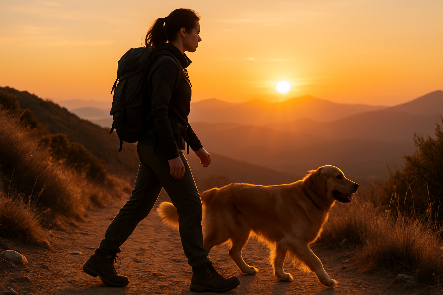 make a realistic image of a woman hiking with a dog under a sunset